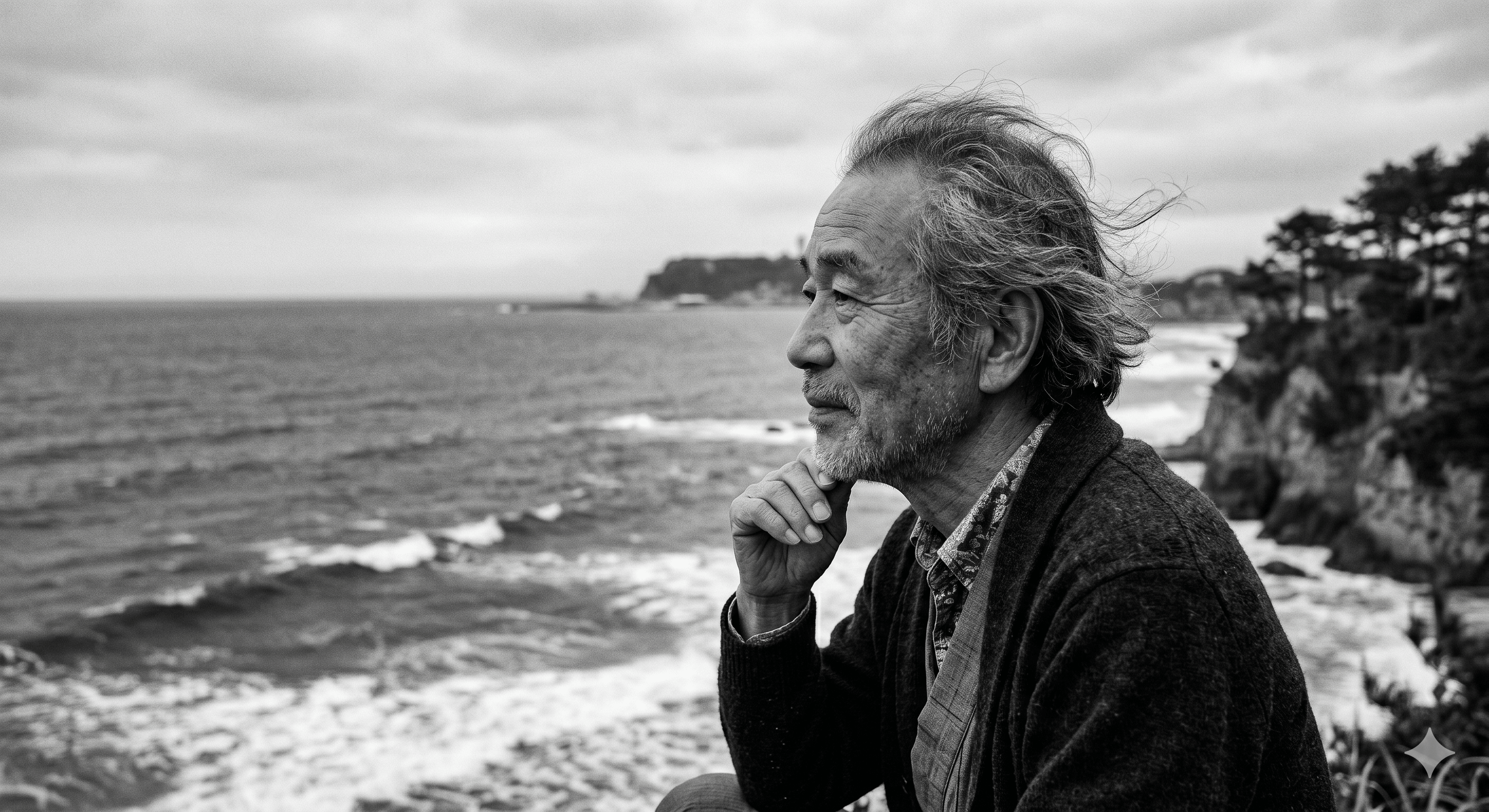 Sample portrait of Hiroshi Tanaka, looking out to sea